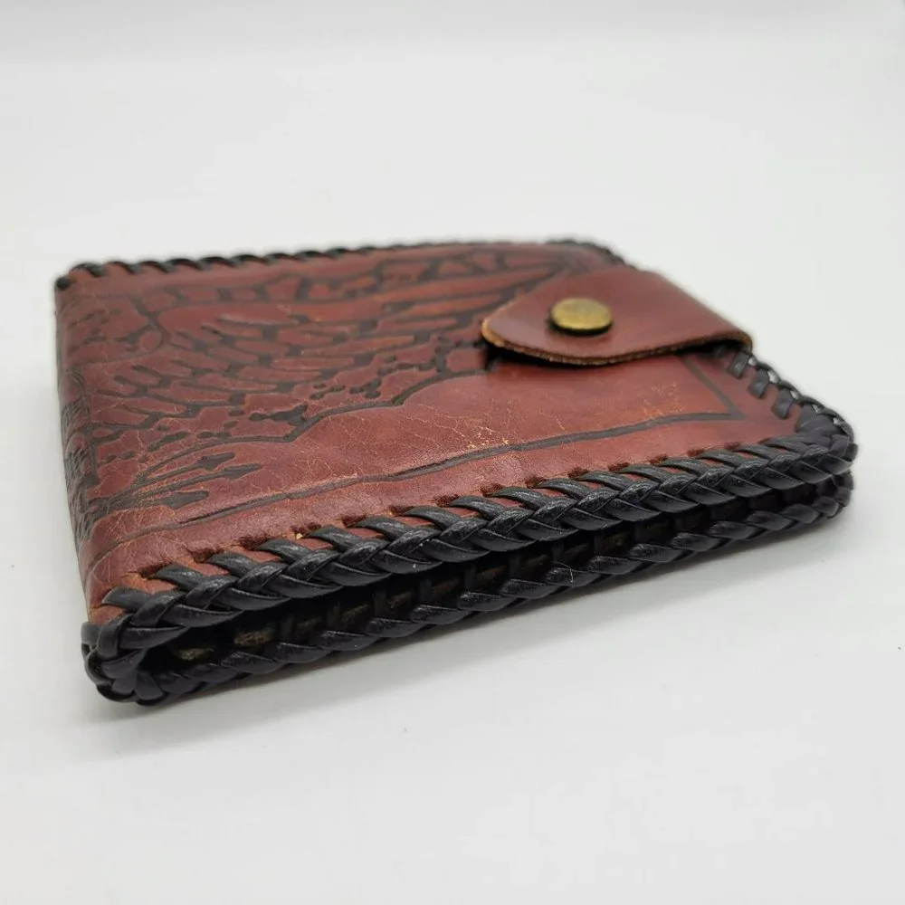 Tooled Leather Wallet Eagle Wings Mexico Vintage Black Leather Whip Stitching